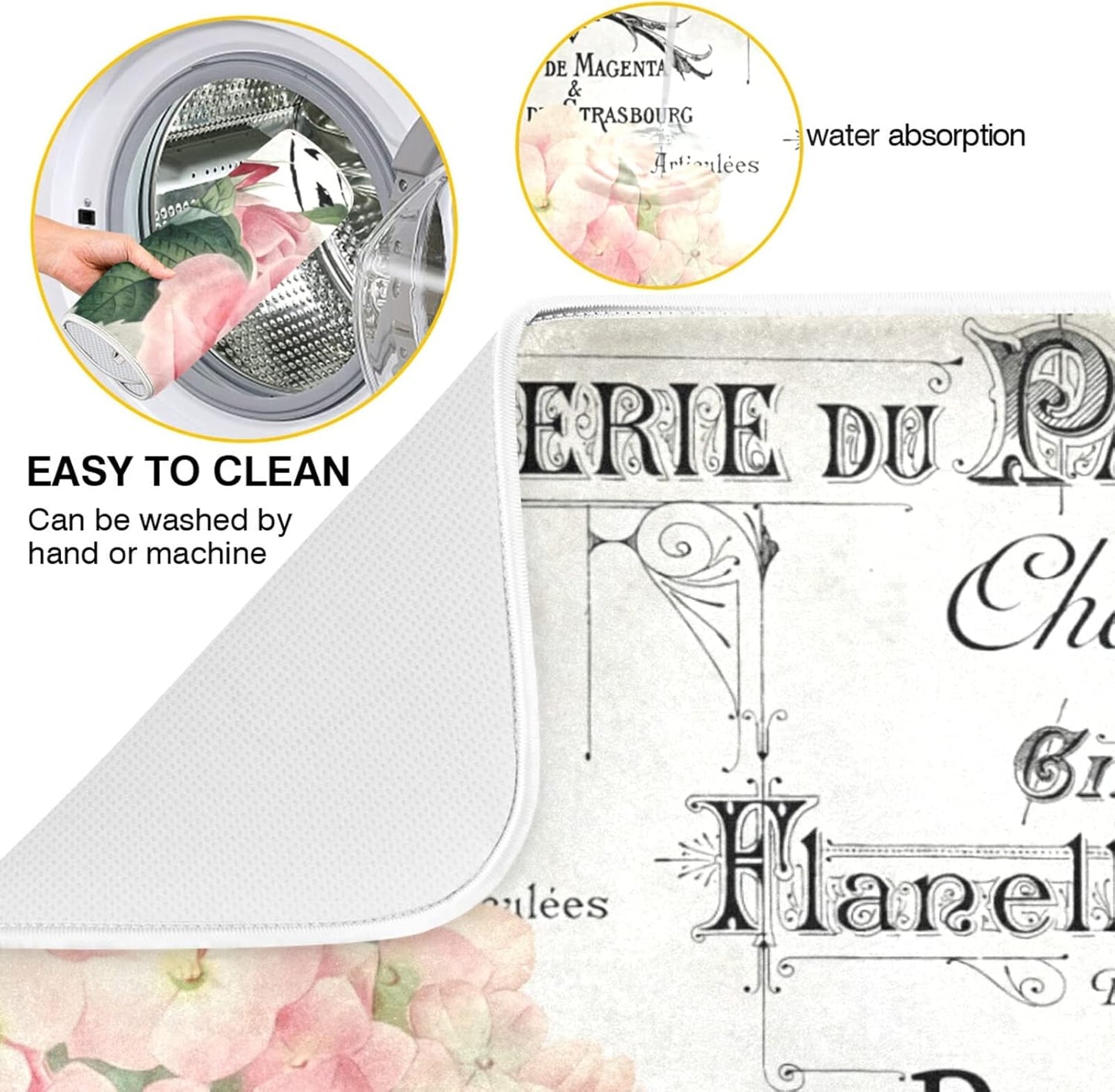 Vintage Pink Rose Flower Dish Drying Mats for Kitchen Drying Mat 16 x 18 Inch Absorbent Microfiber Drying Dish Mat Machine Washable Dish Rack Pad Dish Drainer Mat