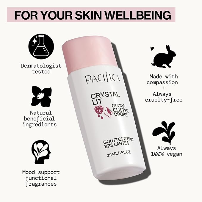 Pacifica Crystal Lit Glowy Glisten Drops – Face Makeup - Shimmery Multi-Use Liquid Blush/Highlighter for Radiant, Dewy Cheeks Luminous Glow Clean Beauty Vegan & Cruelty-Free Dermatologist Tested