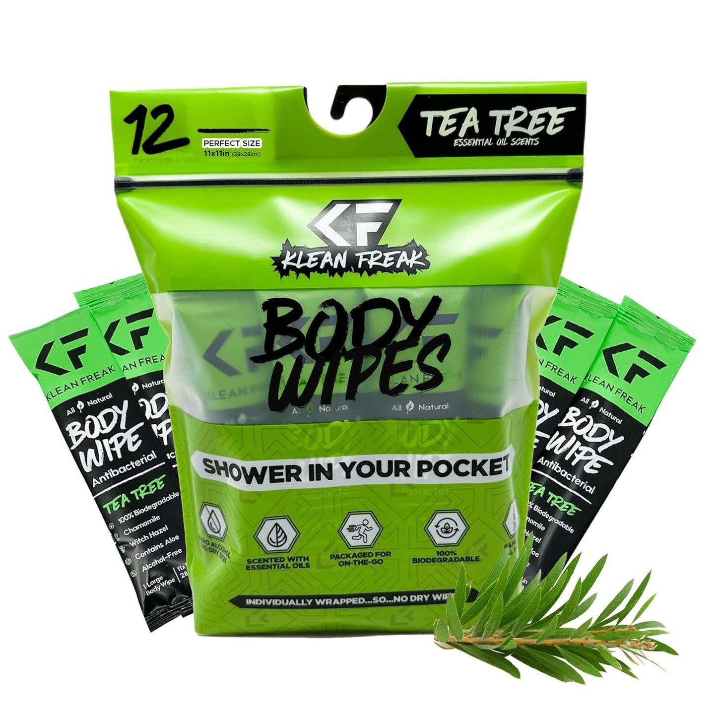 The Klean Freak Body Wipes - 12 count Individually Wrapped | Showerless Body Wipe for Women & Men | Sustainable Bodywipes for Gym, Travel, Camping | Tea-Tree
