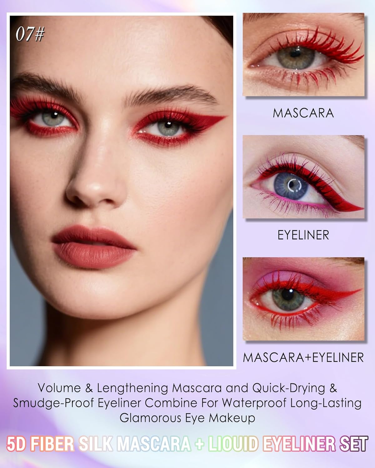 Red Mascara Liquid Eyeliner Set, Update Longlasting Waterproof Color Eye Liner Pen, 5D Silk Fiber Colored Mascara Volume and Length, Halloween Party Stage Use Eye Makeup Gift Kit for Women Girl-07