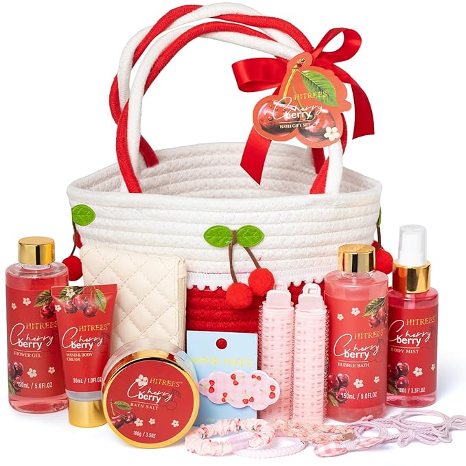 Spa Gifts for Women, Cherry & Berry Spa Gift Set for Teenage Tote Bag, Shower Gel, Hand & Body Lotion, Hitrees Birthday for Best Friend Woman, Mom, Mothers Day