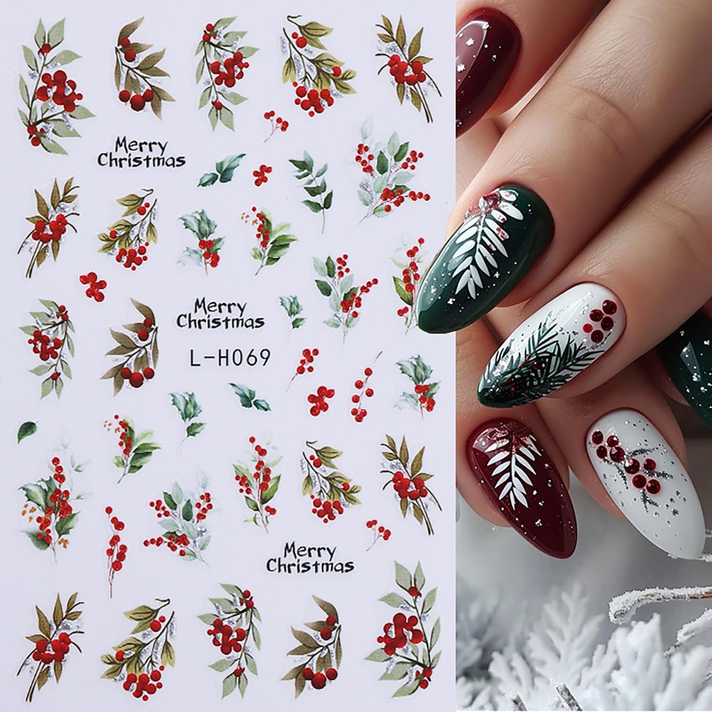 8 Sheets Christmas Nail Stickers for Nail Art, Christmas Holiday Holly Leaves Nail Decals Design 3D Self-Adhesive Winter Leaves Nail Art Stickers Supplies for Women Holiday DIY Manicure Decoration