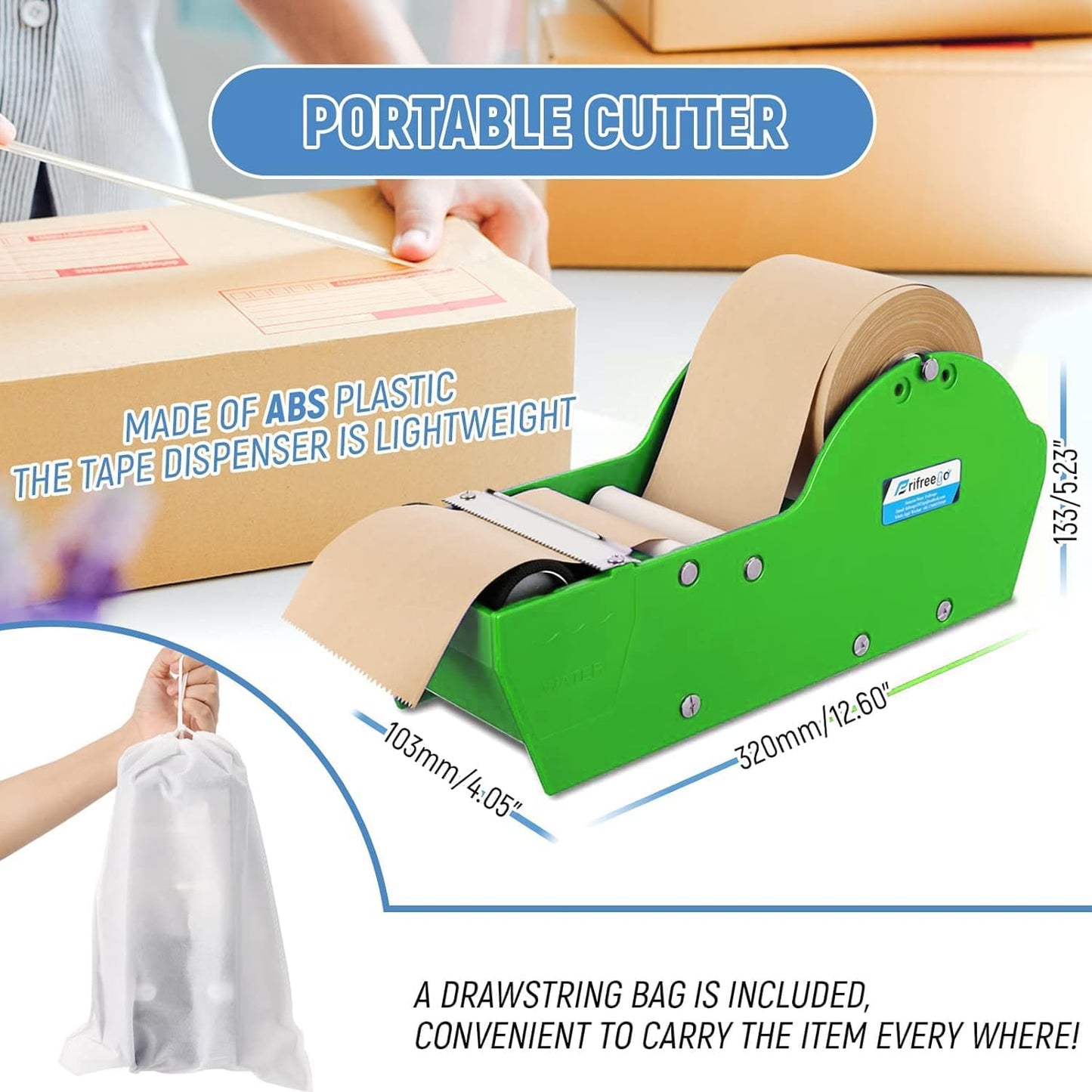 Water-Activated Tape Dispenser, Manual Kraft Gum Tape Dispenser, Width Adjustable 1.18-3.15", Light Weight & Portable Packing Tape Dispenser Set, Green