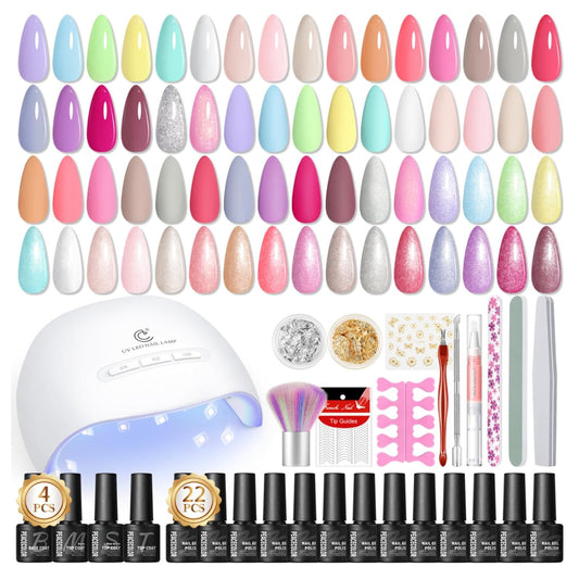 Peacecolor Gel Polish Kit with U V Light, 22 Colors Milky White Pink Blue Rose Red Glitter All Seasons Gel Nail Kit with Top Base Coat Nails Art Home Manicure DIY