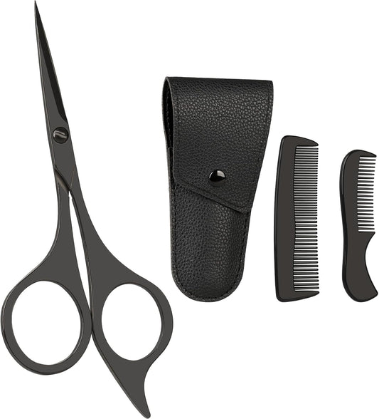 5" Premium Men's Beard & Mustache Scissors with Mustache Comb, Beard Comb & Carrying Pouch – Grooming Kit for All Facial Hair