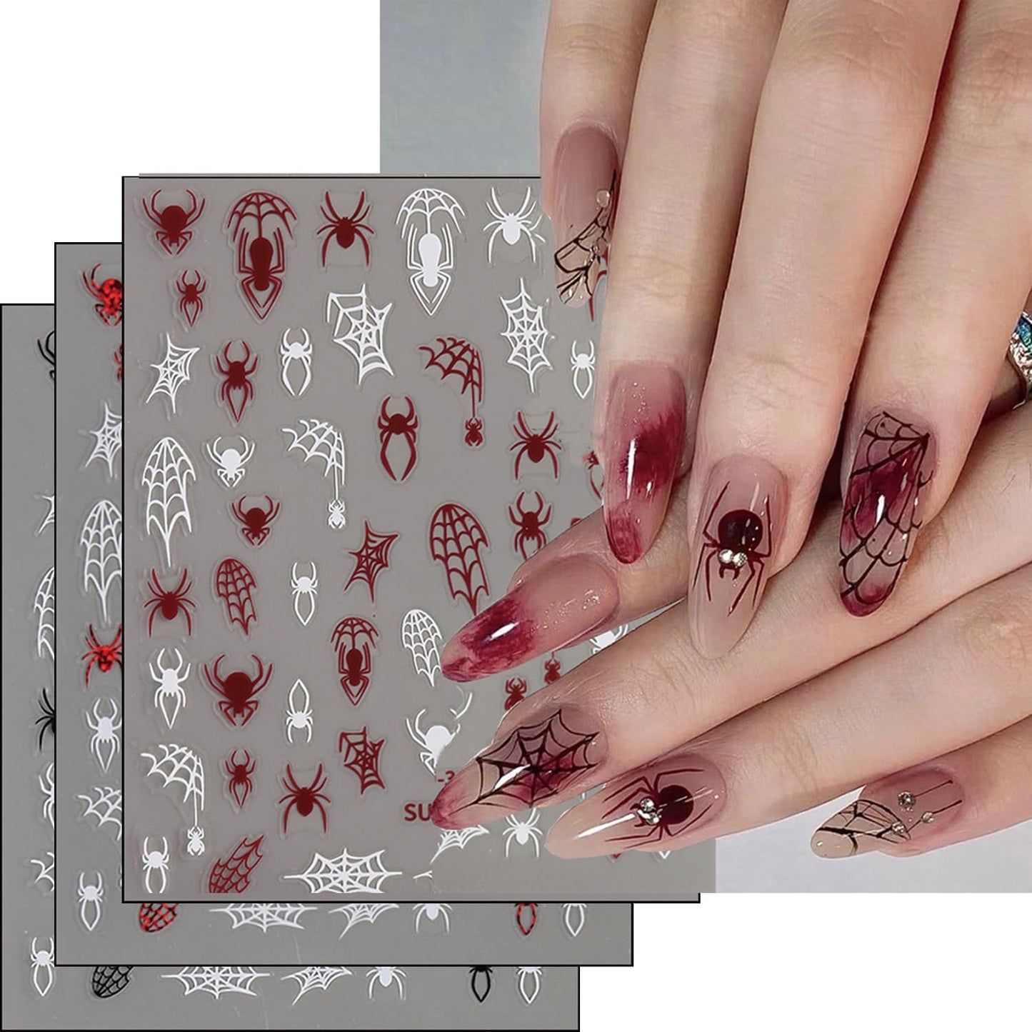 Halloween Nails Stickers Black Spider Nails Sticker 3D Embossed White Web Self Adhesive Sticker Nail Decals Black White Red Glitter Nail Art Decals Halloween Decals for Nail DIY Manicure 6Sheet