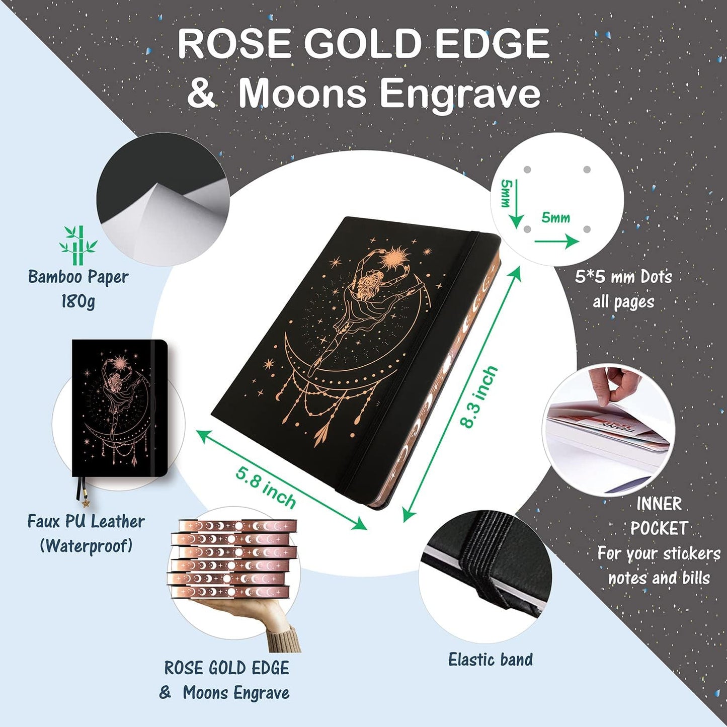 BUKE Medium A5 Hardcover Notebook Dotted Journal - 180Gsm Thick Bamboo Paper - 160 Dot Grid Pages 5x5 MM - Black Color Faux PU Leather Cover - Rose Gold Edge And Moons (A5, Black)