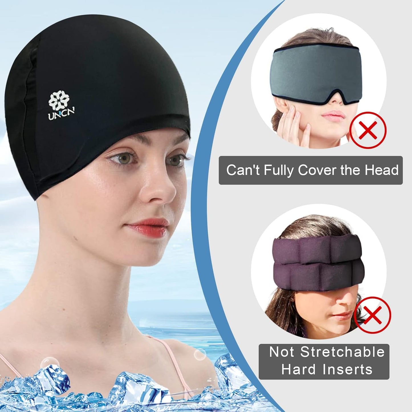 uncn Full Head Migraine Relief Hat, Ice Headache Wrap for Migraine Cooling Cap Pack Hat Compress Pad Cold Therapy for Stress, Tension, Sinus Pain Relief Reusable Physical Relief