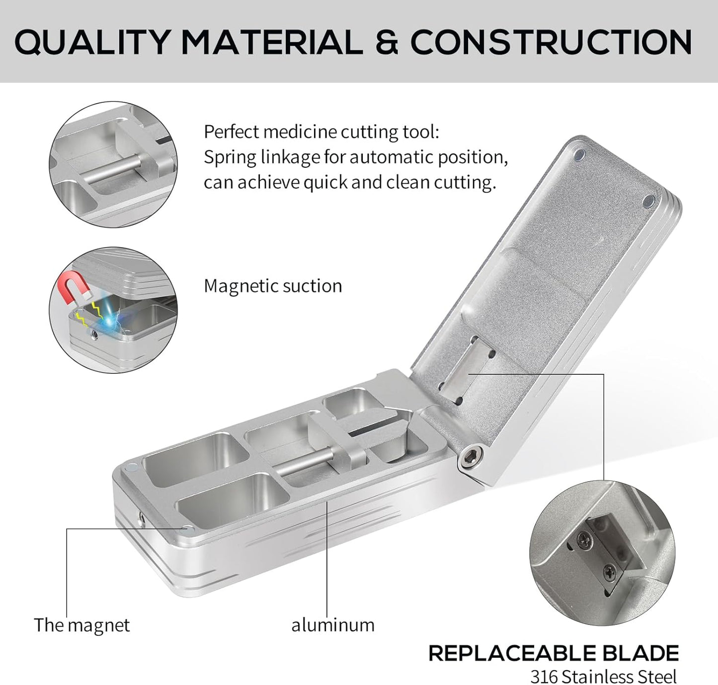 Pill Cutter for Small and Tiny Pills, Professional Aluminum Pill Splitter with Auto Centering Device and 2 Replaceable Stainless Steel Blades, Portable Pill Splitter with PU Case (Silver)