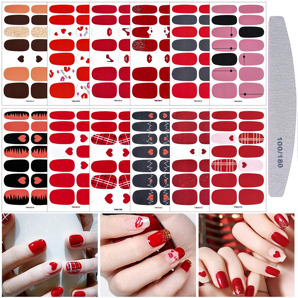 EBANKU 12 Sheets Valentine's Day Nail Wraps Red Heart Strips Valentine Lips Polish Stickers Decals Full Wraps for Women Girls Self-Adhesive With Nail Files