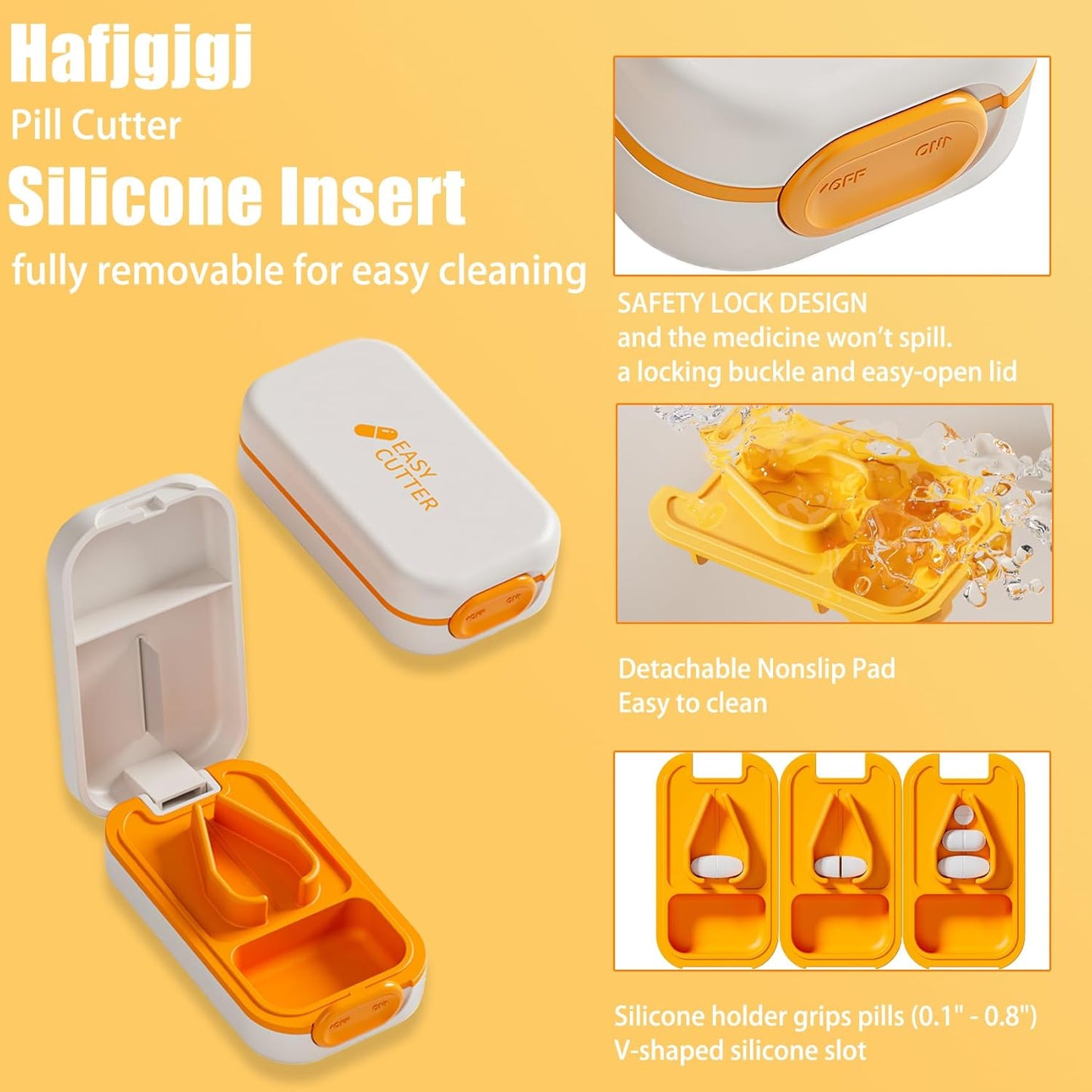 Pill Cutter Splitter for Small or Large Pills with Safety Lock - Accurate and Easy Travel-Friendly Design for Daily Use (Orange)