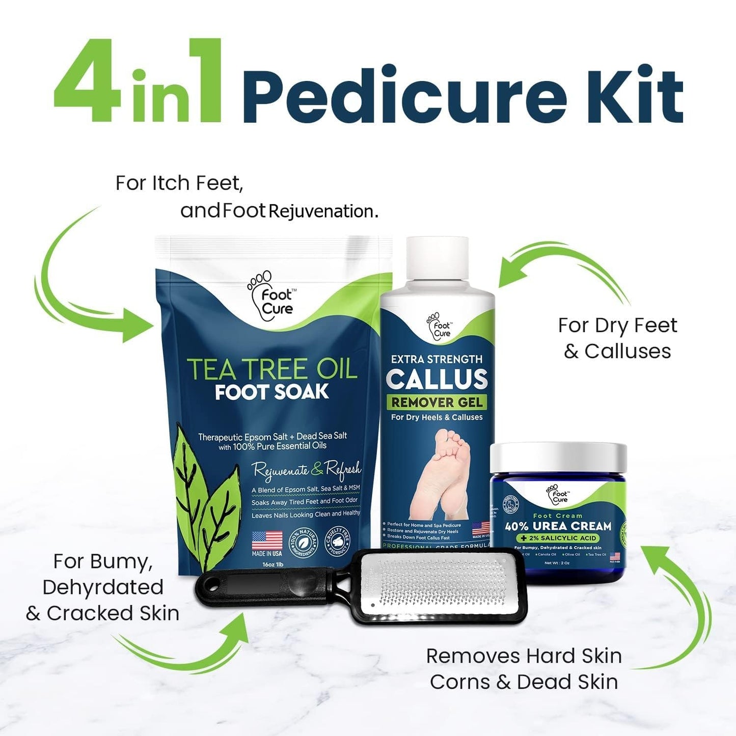 FOOT CURE Exfoliator & Callus Remover Pedicure Set – Care Kit Includes File for Dead Skin, Tea Tree Oil Soak Salts, Urea Cream 40 Percent Removal Gel Made in USA, Ivory, 4 Piece