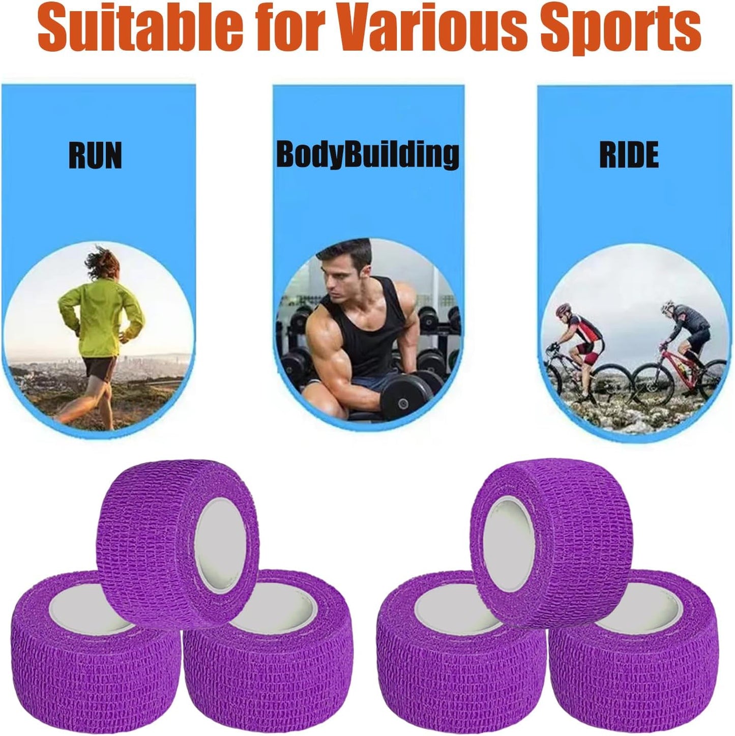 Hysiwen 6 Pack 1" x 5 Yards Self Adhesive Bandage Breathable Cohesive Wrap Self Adherent Vet Tape Self Stick Bandage Wrap for Sports, Athletic, Wrist, Ankle(Purple)