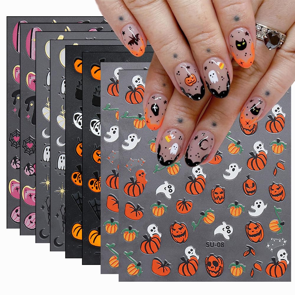 8Sheets Halloween Nail Art Stickers Cute Ghost Pumpkin 3D Self-Adhesive Nail Decals Spider Web Blood Flame Designs Nail Decorations Fall Thanksgiving Nail Supplies for Women DIY Manicure Art