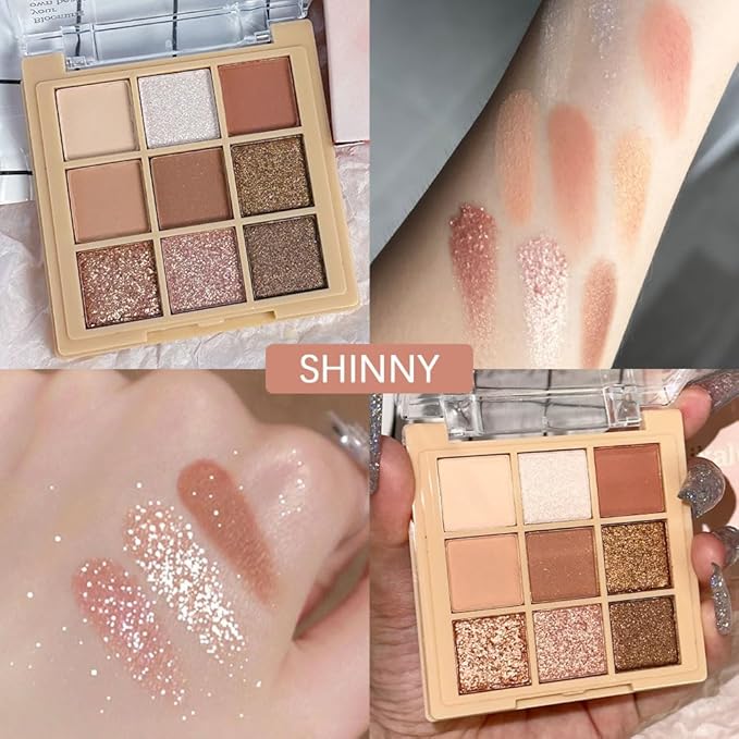 9Colors Nude Champagne Gold Rose Brown Colorful Glitter Eyeshadow Palette Makeup,Korean Natural Neutral Rainbow Eyeshadow Palettes Highly Pigmented Naturing-Looking Long Lasting Waterproof Blendable