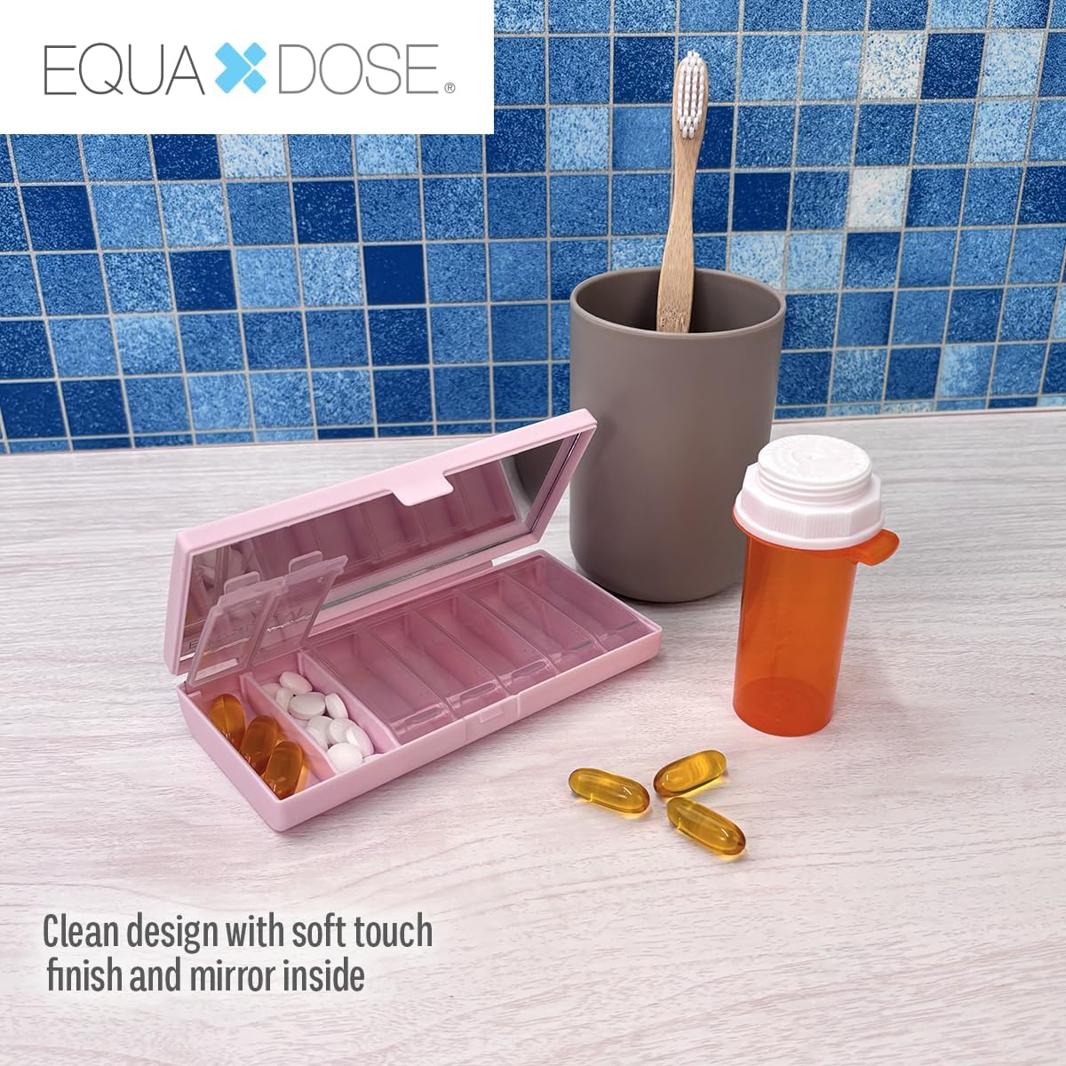 EQUADOSE Weekly Pill Case, 7-Day Medicine Organizer with Mirror, Compact, Stylish and Elegant, Pill Planner, 7 Individual Compartments for Supplements, Tablets, Vitamins, and Medications, Pink