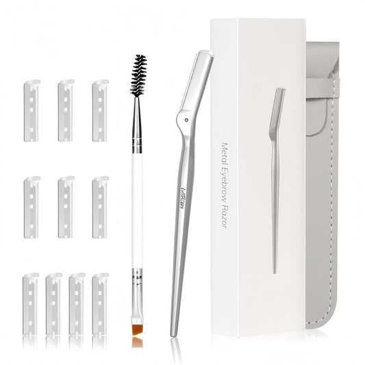 Stainless Steel Eyebrow Razor - Face Razors with Travel Cover & 10 Refill Blades, Eyebrow Brush - Help Exfoliate and Smooth Skin for Eyebrow, Leg, BIKINI, Facial, Beard Remove - L