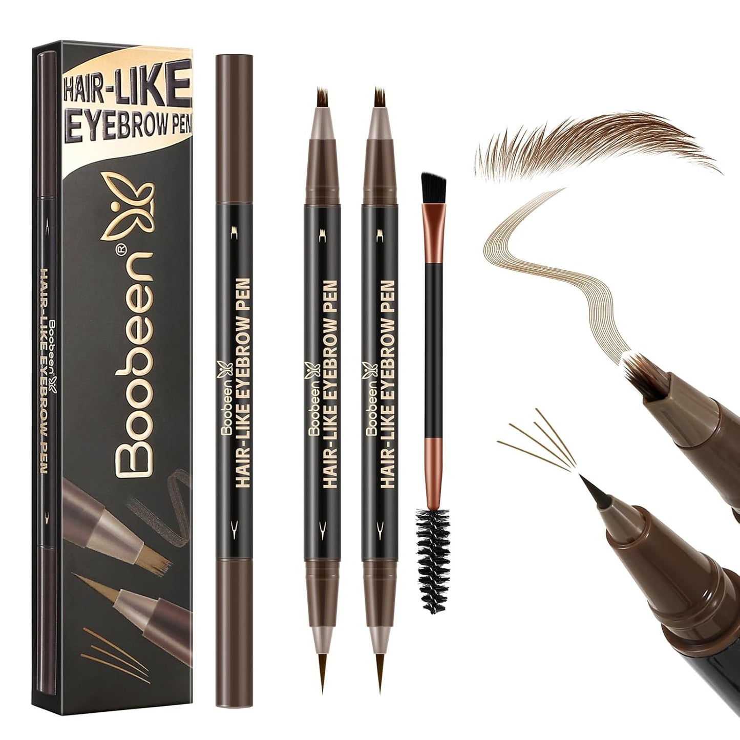 Boobeen 2pcs Waterproof Eyebrow Pen，Dual-Ended Eyeliner Microblading Eyebrow Pencil for Women，Long Lasting Hair-Like Brow Pen with Brow Brush，Dark Brown