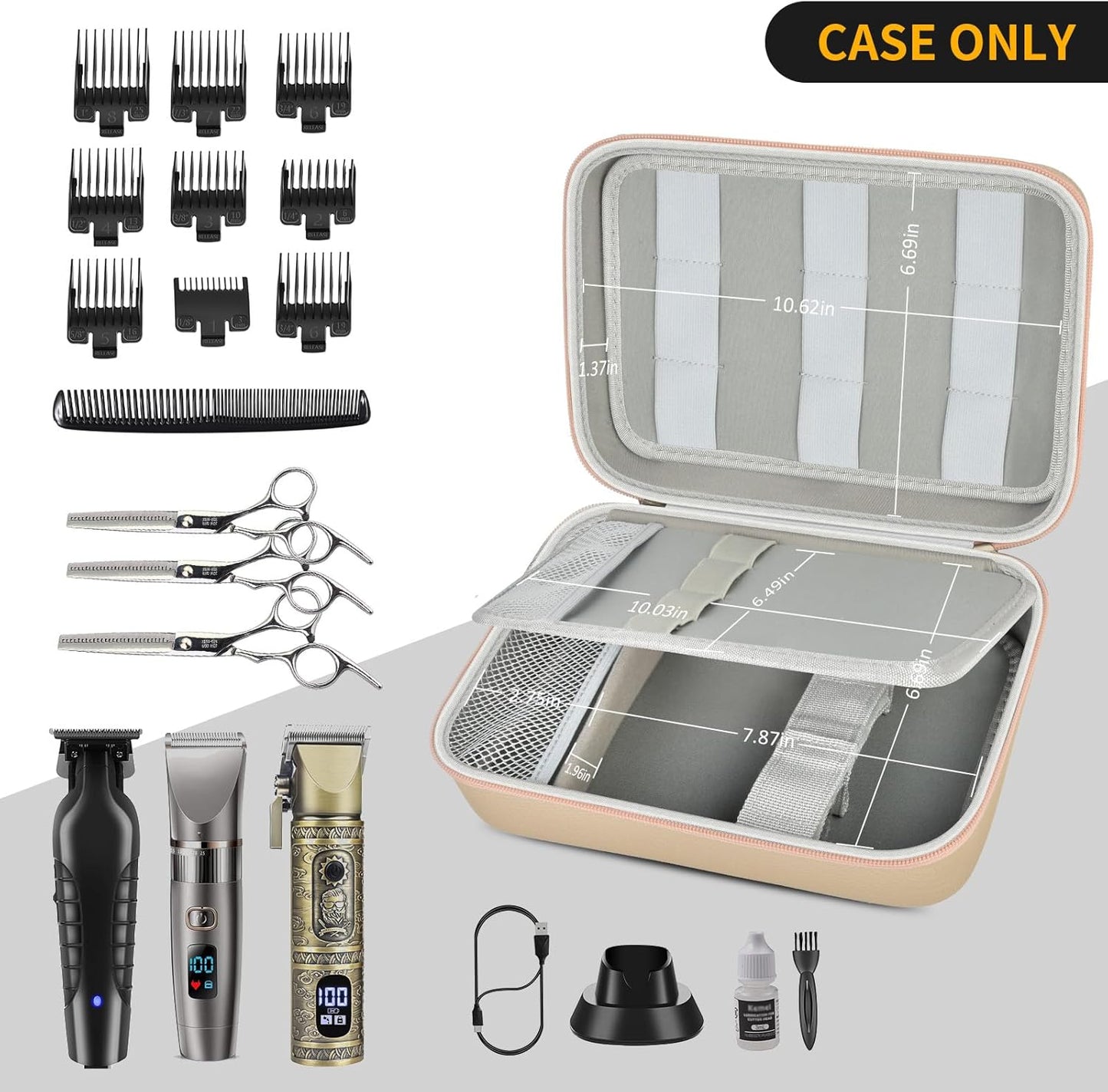 Boobowl Barber Accessories Bag for Clippers and Supplies, Mens Hair Trimmers Box, Portable Clipper Storage Holder for Hair Cutting, Guard Grooming Kit and Barbers Supplies (Bag Only)- Gold