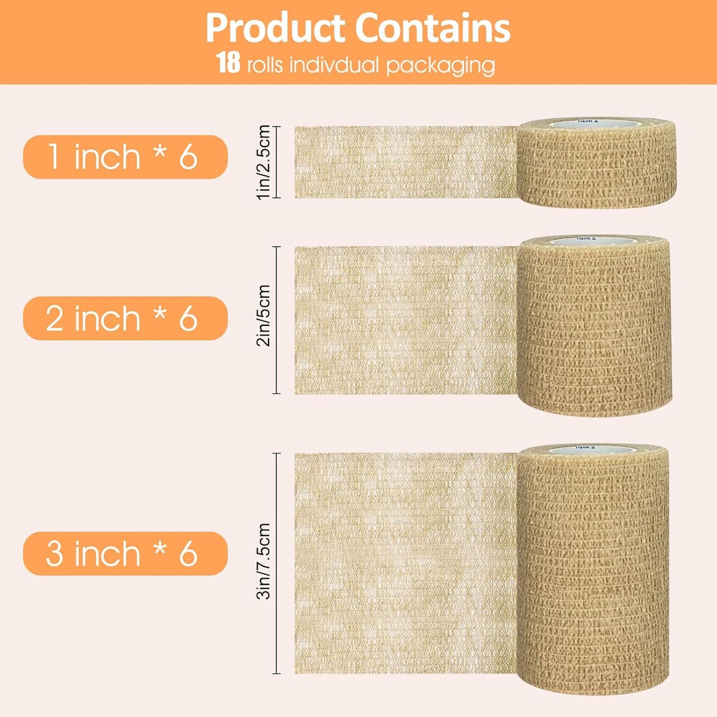 1"/2"/3" Self Adhesive Bandage Wraps, 9 Pack Skin Color Self Bandage Wrap for Wounds, Vet Wrap, Ankle Tape, Tattoo Tape Wrap, Medical Tape, Color Athletic Tape