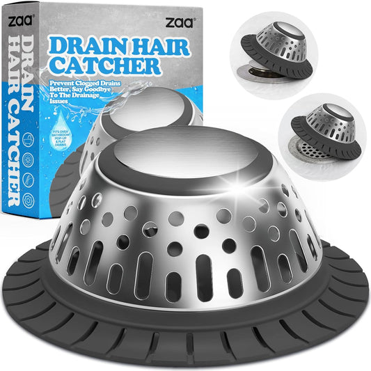 zaa Drain Hair Catcher - Bathtub Drain Cover, Hair Stopper for Bathtub Drain, 304 Stainless Steel Drain Protector and Hair Trap for Flat & Pop-up Drains, Silver Black