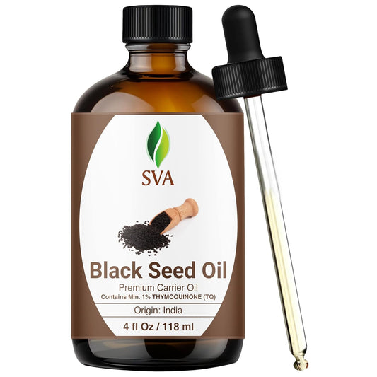 SVA Black Seed Oil - 4 Fl Oz – 100% Natural Cold Pressed Black Seed Oil - for Face, Skin Care, Hair Care, Scalp Massage & Body Massage – Carrier Oil with Dropper