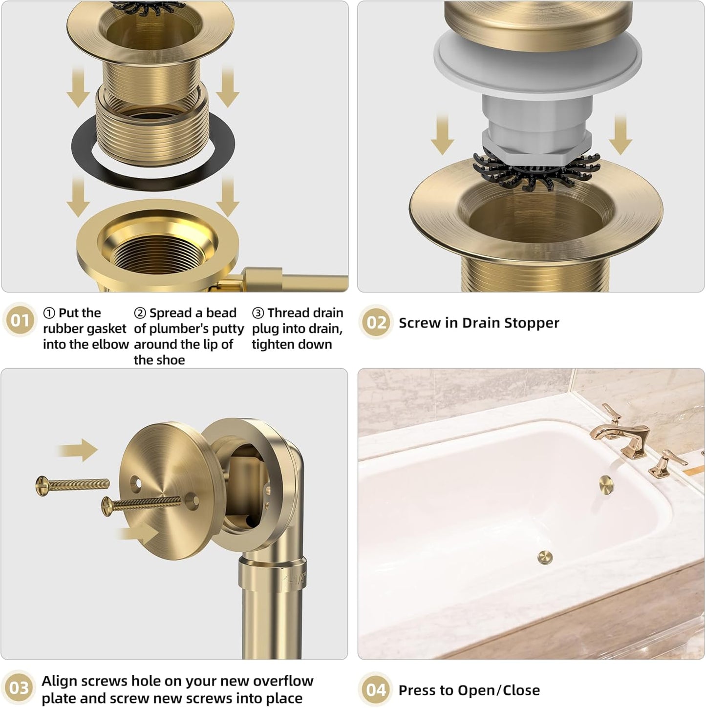 Brushed Gold Tub Drain Kit with Hair Catcher, Premium Brass Tip-Toe Bathroom Tub Drain Replacement and 2-Hole Overflow Faceplate, 11.5/16 UNC Bathtub Drain Stopper Assembly