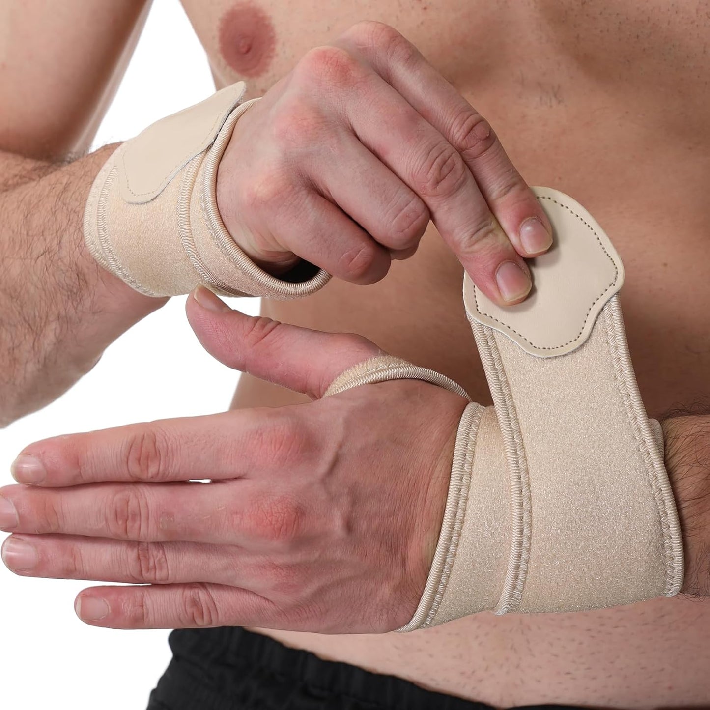 NeoTech Care Wrist Band - Elastic & Breathable Fabric - Adjustable Compression Strap - Men, Women, Right or Left - Support Wrap for Protection or Sports (Beige Color, Size M, 1 Pair)