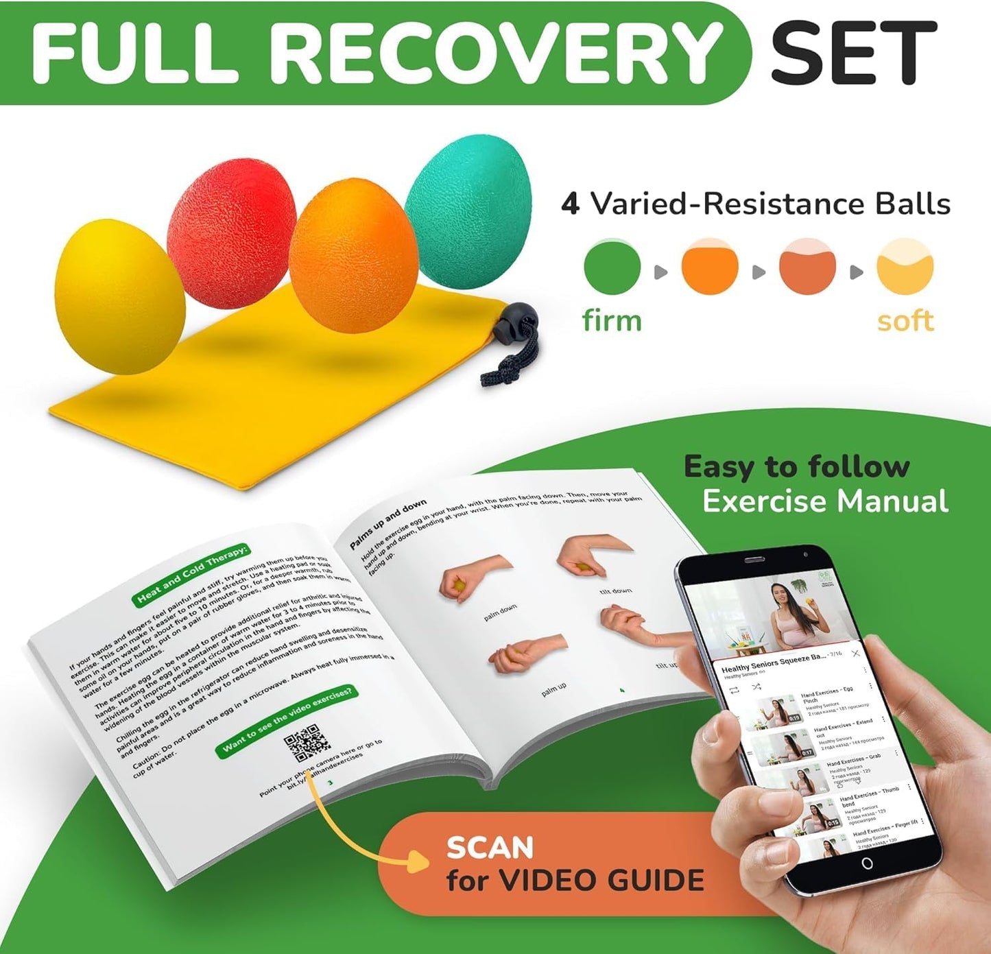 Squeeze Balls for Hand Therapy - Set of 4-Hand Exercise Balls for Arthritis & Carpal Tunnel - Stress Ball for Adults Therapy with Printed Guide Book and Videos