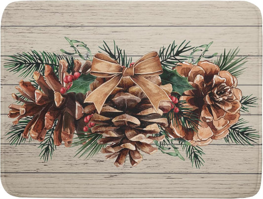 Winter Pine Cone Dish Drying Mat Holly Berries Dish Draining Mat Microfiber Washable Dish Drainer Rack Mat for Home Kitchen Counter 18"x24"