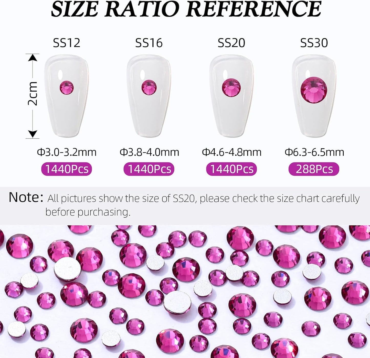 Fuchsia Flatback Rhinestones, Glass Rhinestones for Nail Art and Craft, Glue Fix, Loose Crystal Gemstones(Fuchsia, SS12, 1440pcs, 2.9-3.0mm)