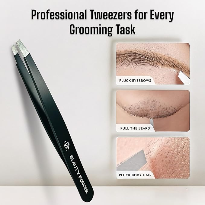 Professional Slant Tweezers for Women Facial Hair - German Stainless Steel, Ultra Precision, Lightweight Black Tweezers for Women & Men, Ideal for Eyebrow & Facial Grooming (Matte Black)