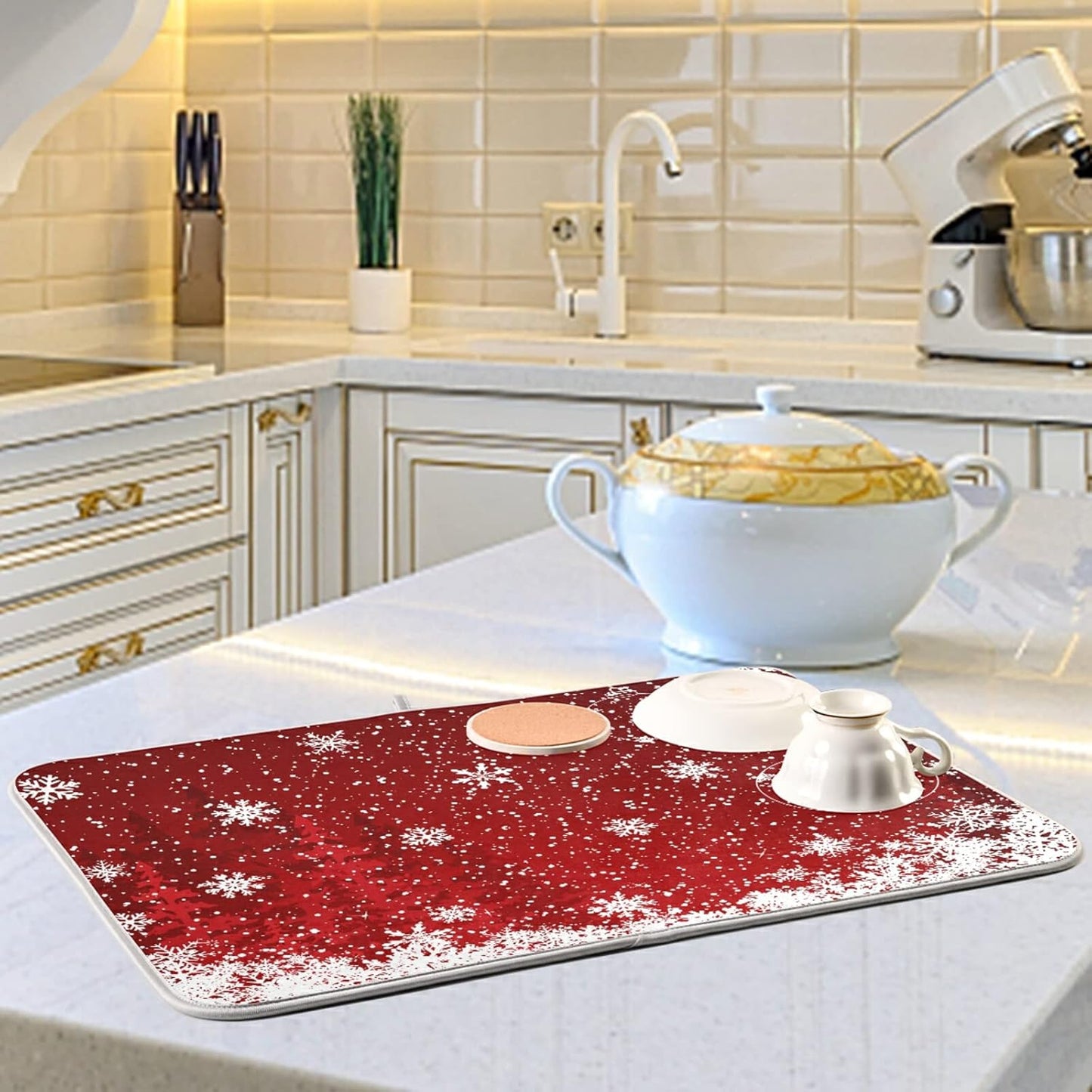 Dish Drying Mat for Kitchen Counter 18 x 16 Inch Romantic Christmas Snowflake on Red Microfiber Dish Mat Drying Pad Absorbent Dishes Pad Dish Drainer Rack Mats