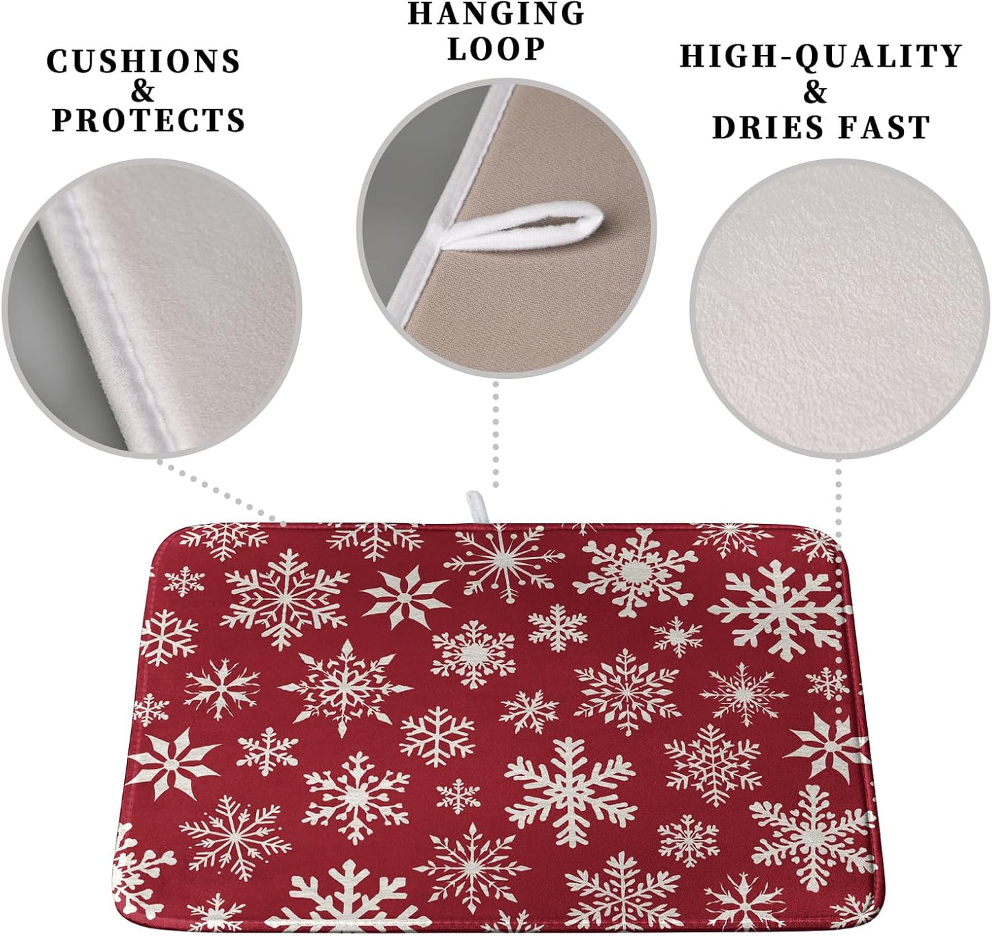 Christmas Snowflakes Dish Drying Mat for Kitchen Counter 16x18 Inch Red White Winter Xmas Pattern Dish Drying Pad for Dishes Microfiber Absorbent Dish Drainer Rack Mats for Countertop
