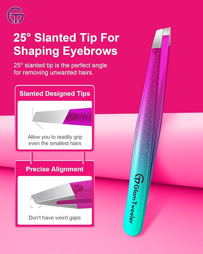 Expert Slant and Point Tip Tweezer Set with Exclusive Travel Case, GlamTweeler Sharp & Precision Tweezer Set for Eyebrows, Facial Hairs & Fine Hairs Removal (Sparkle Purple & Turquoise + Silver)