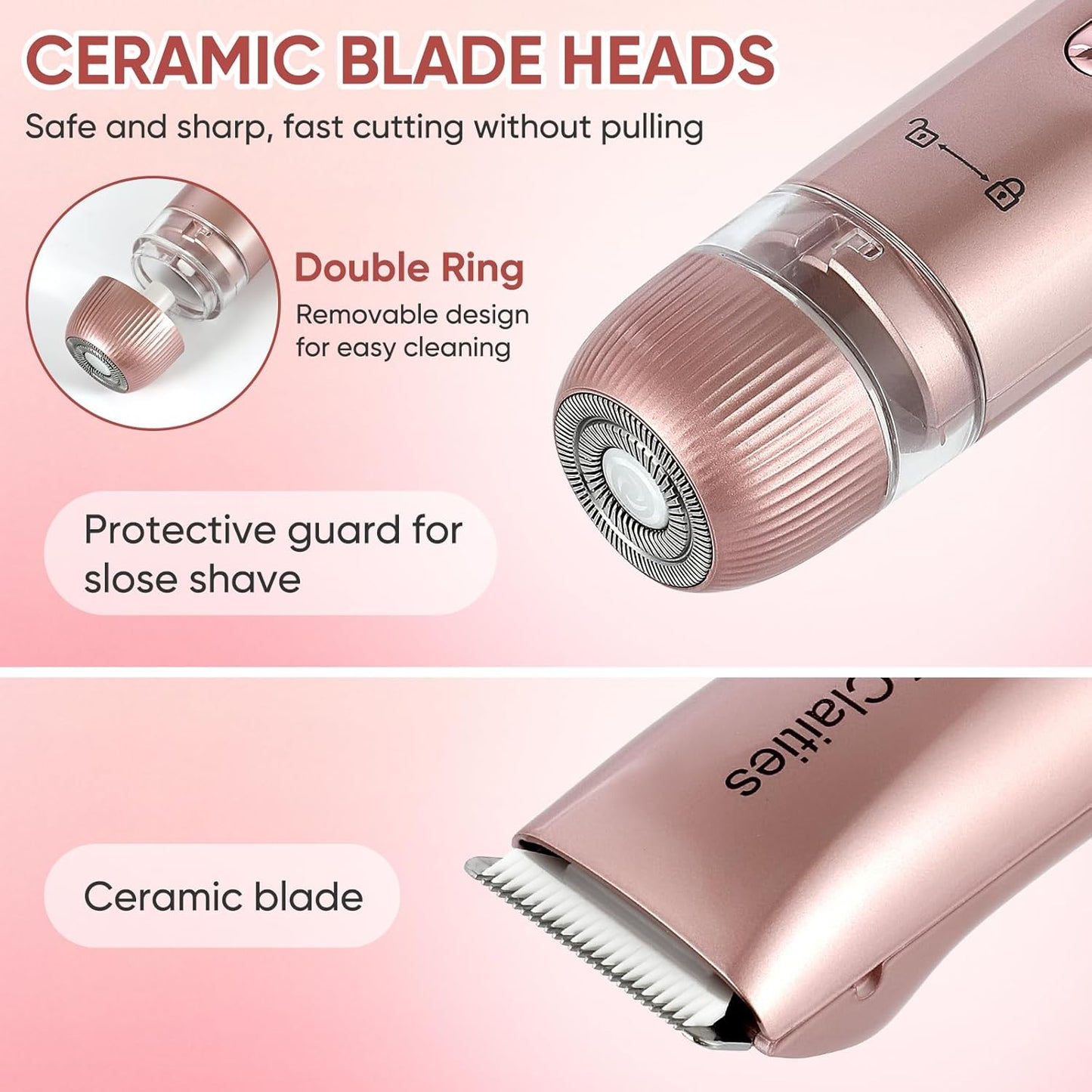 2 in 1 Women Electric Shaver Dual Head Bikini Trimmer for Women IPX7 Waterproof Wet & Dry Use Body Hair Trimmer and Facial Hair Remover for Bikini Underarm Leg Arm Body Face