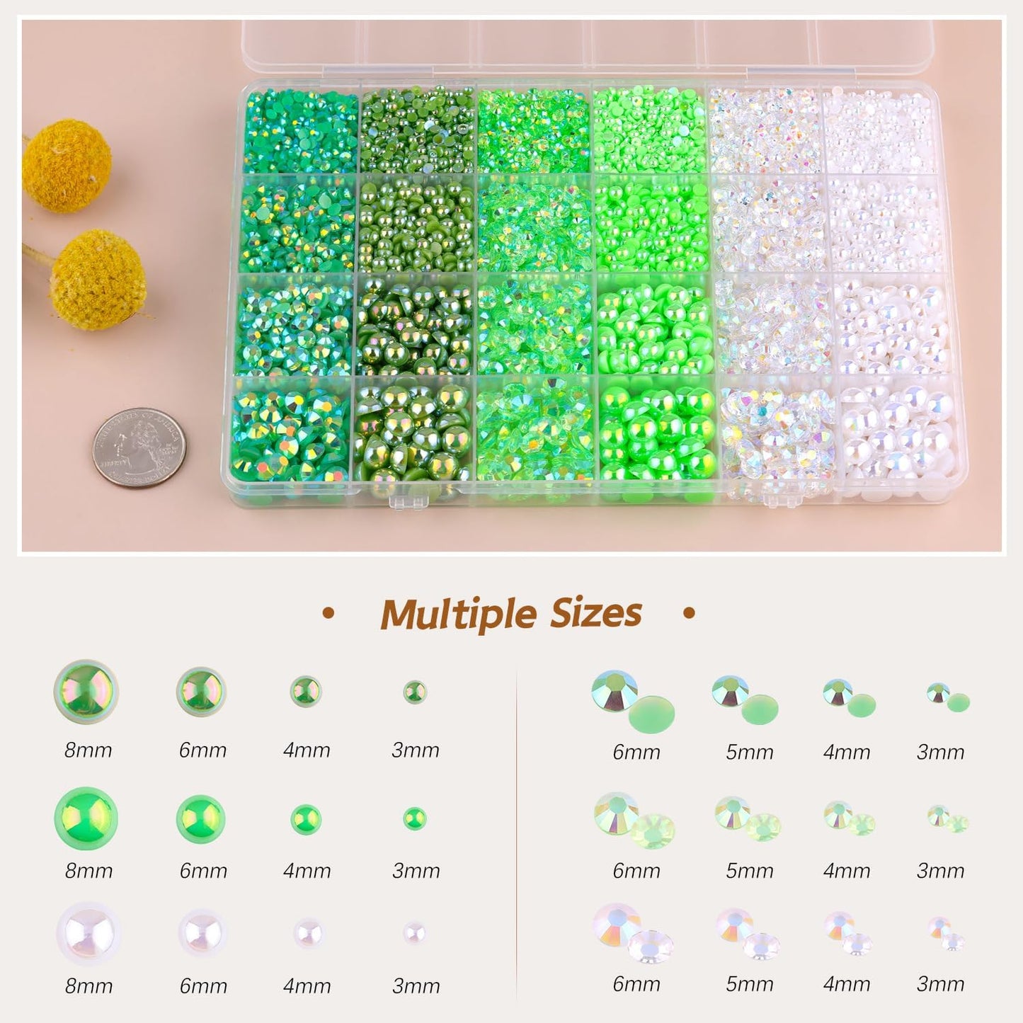 9000PCS Flatback Pearls and Rhinestones for Crafting, Green 3-10mm Resin Rhinestones and Half Pearls for Bedazzling, Nail Art and Dec with 3pcs B7000 Jewelry Glue, Tweezer and Pickup Pencil