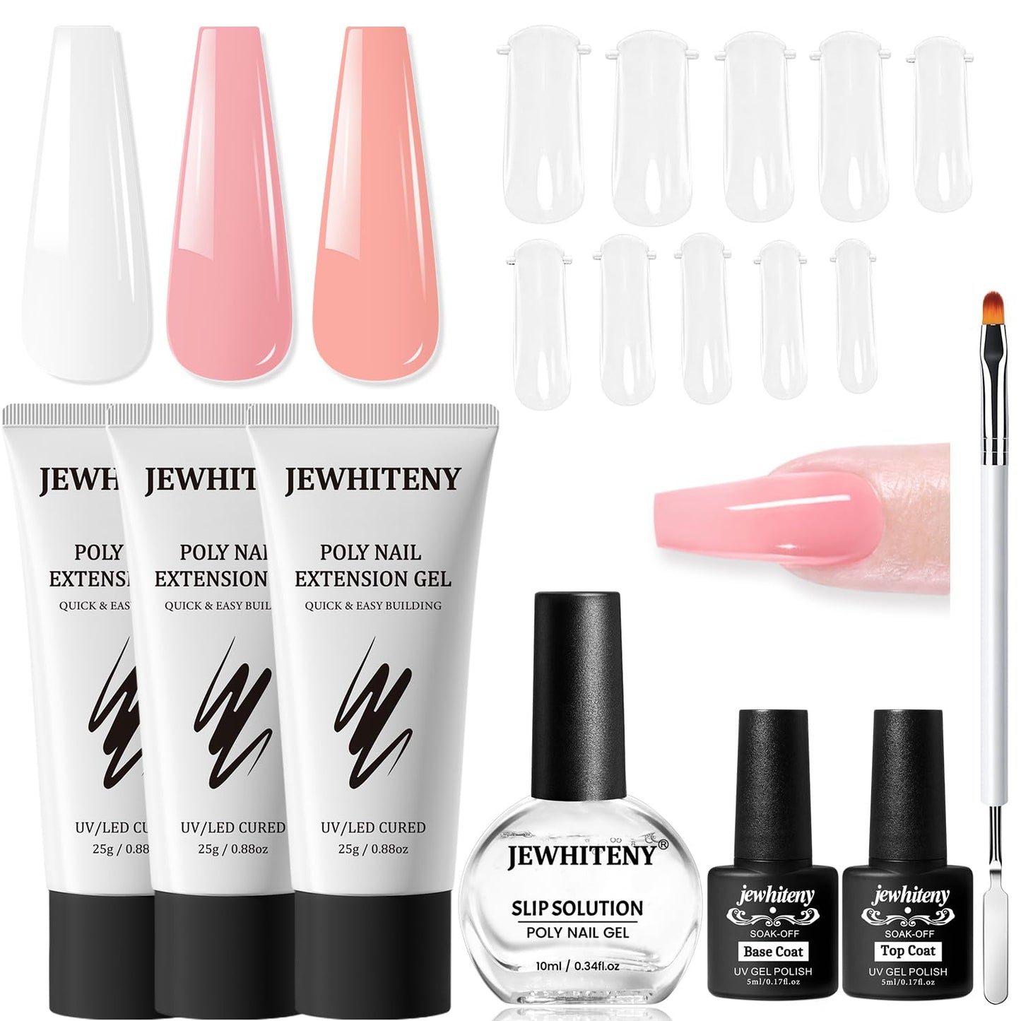 JEWHITENY Poly Nail Gel Set Clear Pink White Neutral Classic Color Poly Extension Gel With Base and Top Coat Slip Solution French Manicure for Home DIY Need U V Lamp Curing