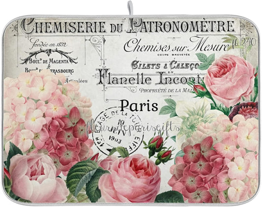 Vintage Pink Rose Flower Dish Drying Mats for Kitchen 18x24 inch Drying Mat Absorbent Microfiber Dish Mat Drainer Rack Mats Fast Dry for Kitchen Counter