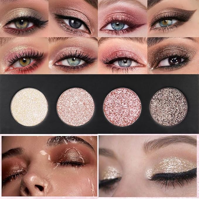 Shiny Highlight Eyeshadow Palette 4 Colors, Cosmetics Shimmer Palette, Cruelty-Free and Vegan Formula, Glitter Eyeshadow for Professional Makeup Kit (A#)