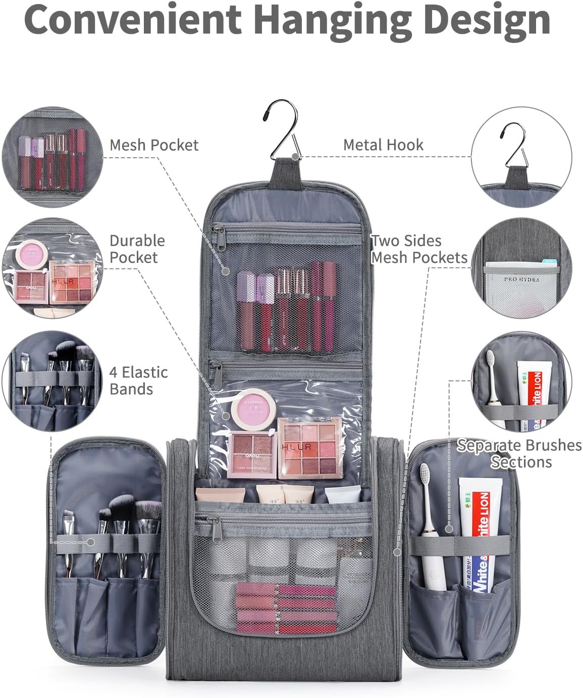 Narwey Hanging Toiletry Bag for Women Travel Makeup Bag Organizer Toiletries Bag Men for Cosmetics Essentials Accessories (Large, Grey)
