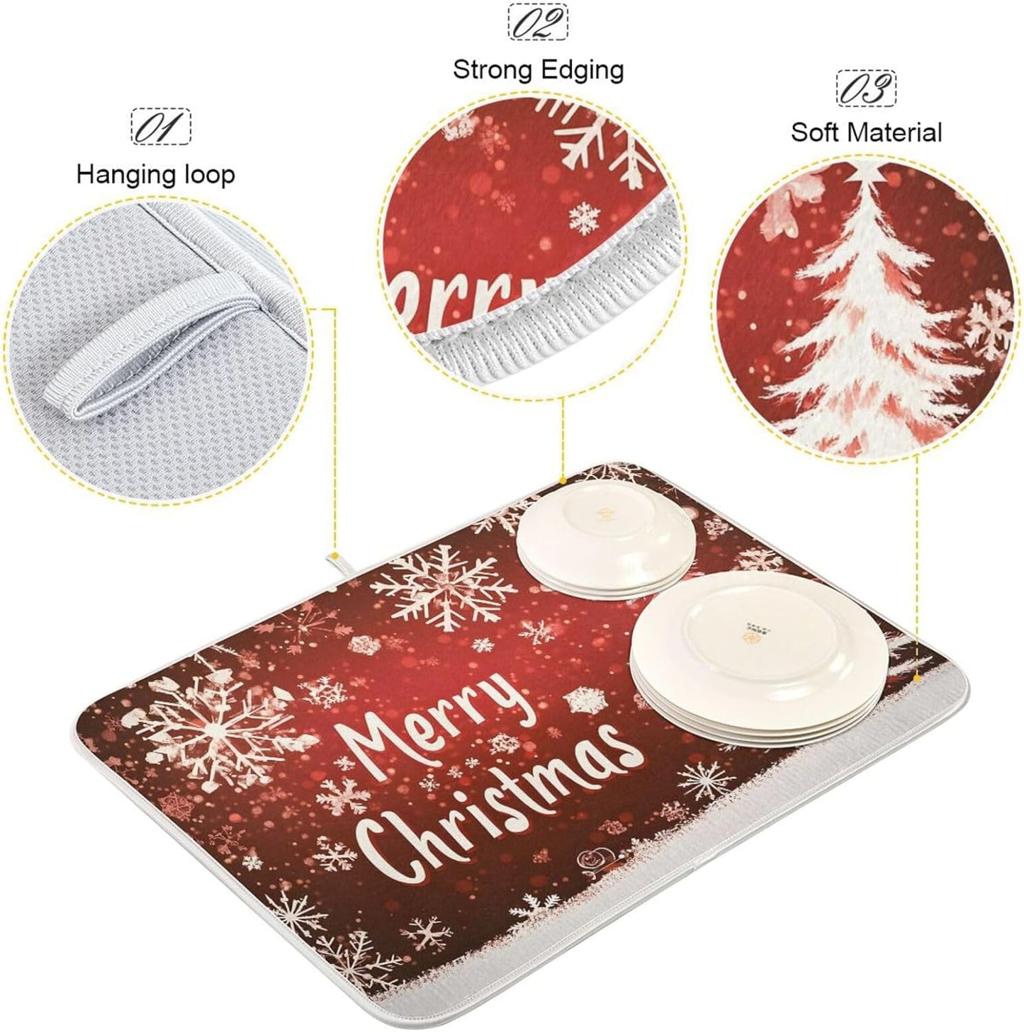 Christmas Dish Drying Mat Red Brown Snowflakes White Tree Wood Christmas Dish Drainer Mat for Kitchen Counter Drying Mat 16 x 18 Inch Absorbent Microfiber Dish Mat