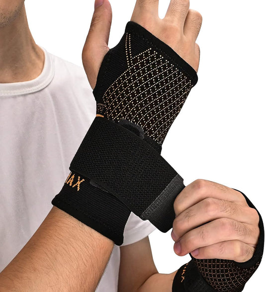 INDEEMAX Copper Wrist Compression Sleeve 1 Pair, Comfortable Hand Brace Support with Strap for Arthritis, Tendonitis, Sprains, Workout, Carpal Tunnel - Left & Right - Women and Men