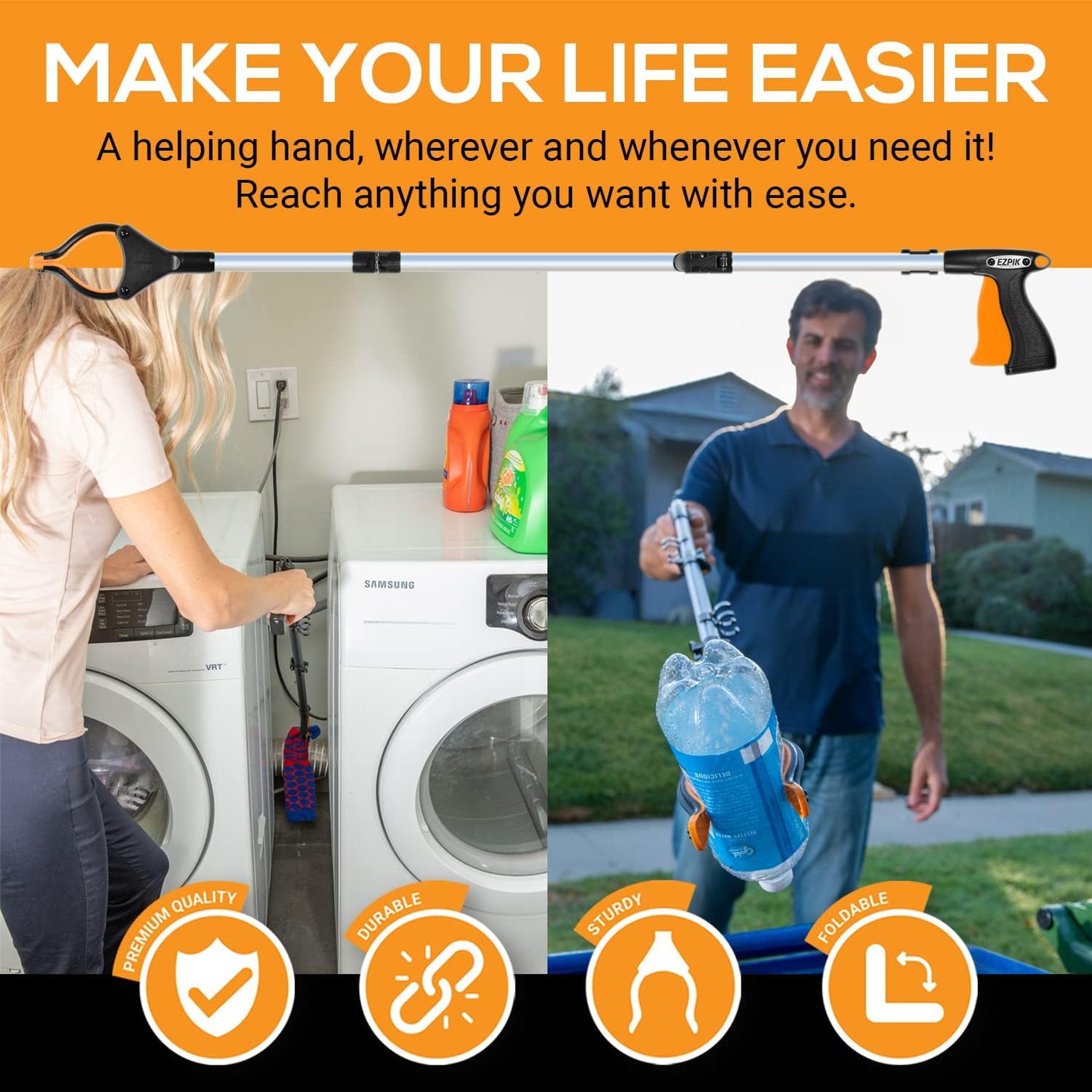 EZPIK Pro 36" Flexible Folding Grabber Tool for Elderly + Magnets, Reacher for Disabled & Seniors Heavy Duty Rotating Grippers for Reaching Underneath, Trash Grabbers & Pickers for Mobility