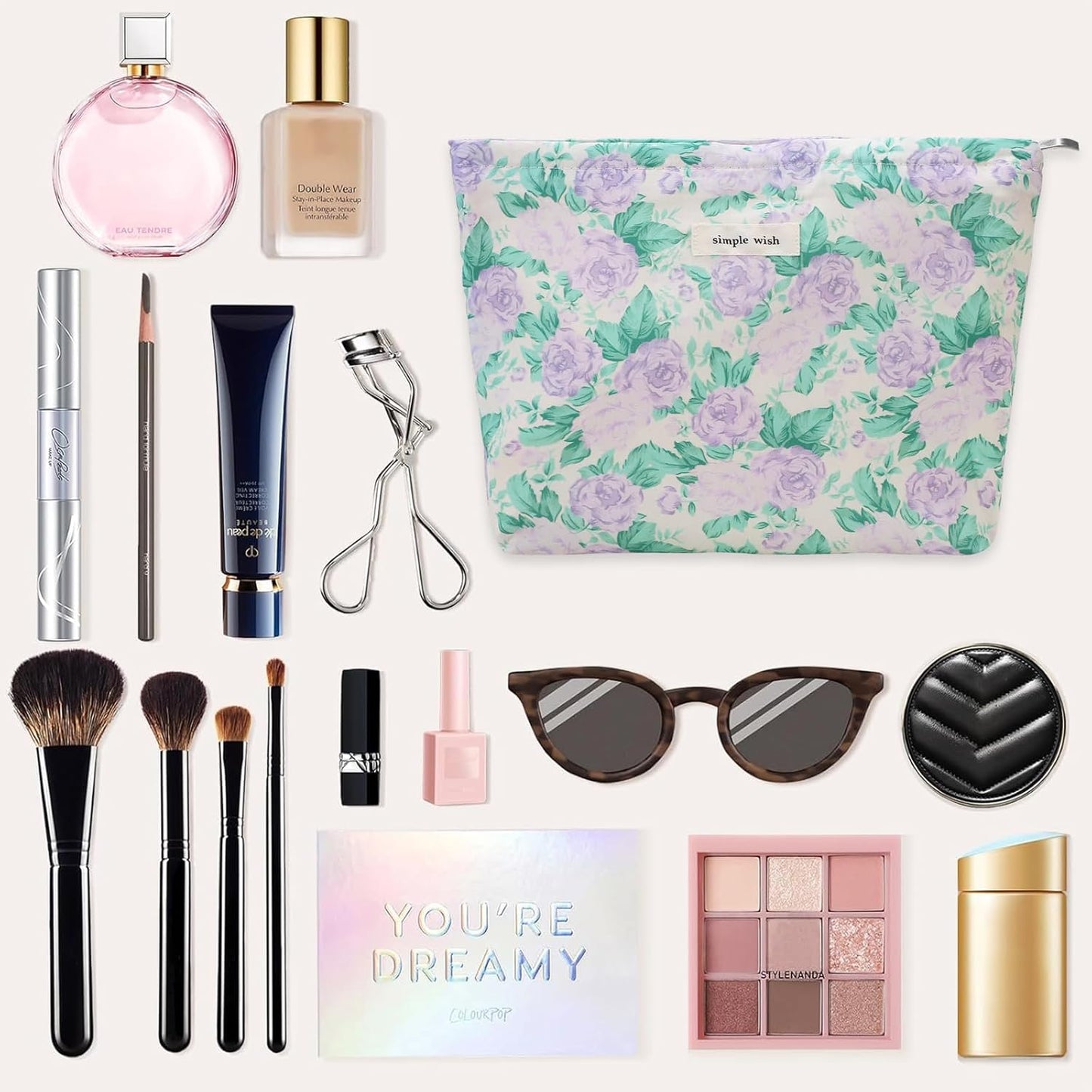 Wudygirl Makeup Bag Floral Cosmetic Bag Toiletry Bag for Women Large Capacity Makeup Pouch Canvas Pencil Pouch Cute Make up Organizer with Zipper (Light Purple Rose)