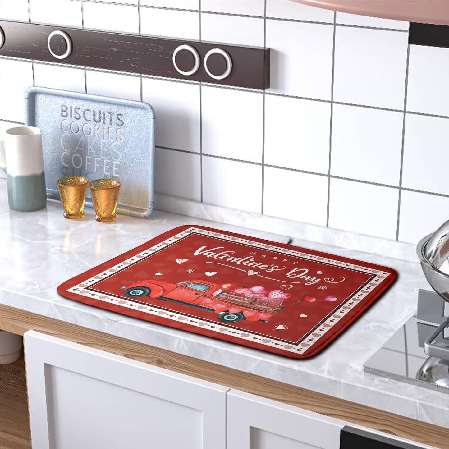 Happy Valentine's Day Dish Drying Mat for Kitchen Red Love Heart Truck Plaid Drying Mats Super Absorbent Dishes Drainer Pad Reversible Microfiber Dish Drying Rack Mat for Kitchen Counter 18x24 Inch