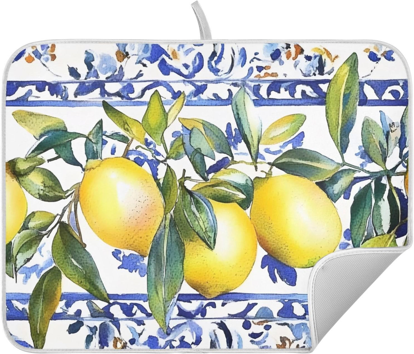 Lemon Olive Tree Italian Tile Dish Drying Mats for Kitchen Counter, 18x24 inch Drying Dishes Absorbent Microfiber Dish Drainer Mat Rack Pad Fast Dry