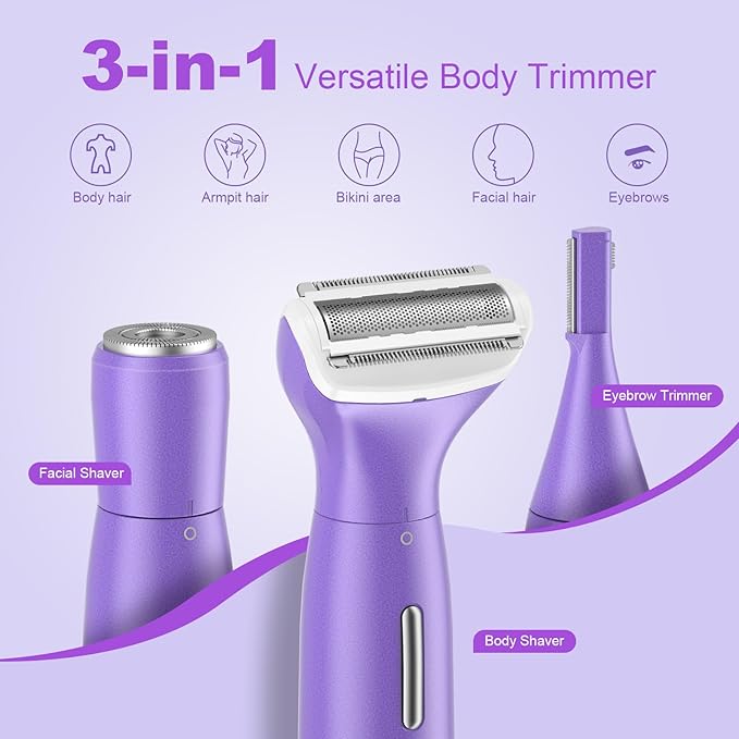Bikini Trimmer for Women, 3 in 1 Painless Electric Razors for Women, Replaceable Lady Facial Razor & Eyebrow Trimmer, Rechargeable Women's Grooming Kit