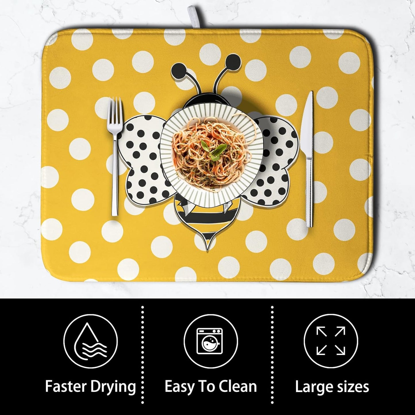 Bee Dish Drying Mat for Kitchen Counter 16x18 Inch Yellow Honey Bees Polka Dots Dishes Pad Cute Bumblebee Dish Draining Microfiber Absorbent Dish Drainer Rack Mat Medium Kitchen Accessories