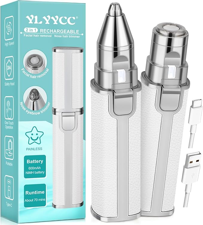 Nose Hair Trimmer for Women Men, Electric 2 in 1 Face Shaver and Eyebrow Trimmer, White Rechargeable Facial Hair Remover with Built-in LED Light
